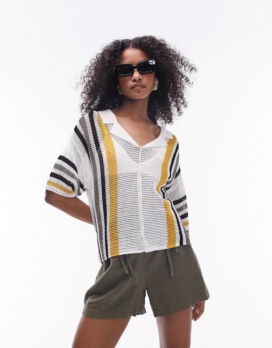 Shop Topshop Knitted Open Stitch Stripe Polo Shirt In Multi