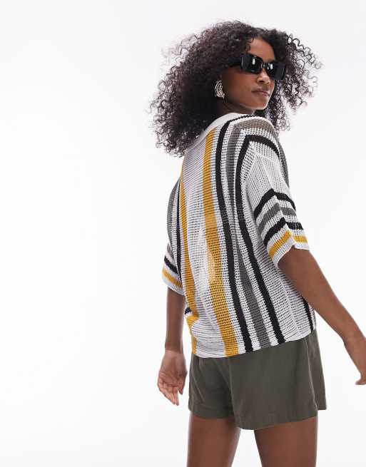 Topshop knitted open stitch stripe polo shirt in multi | ASOS