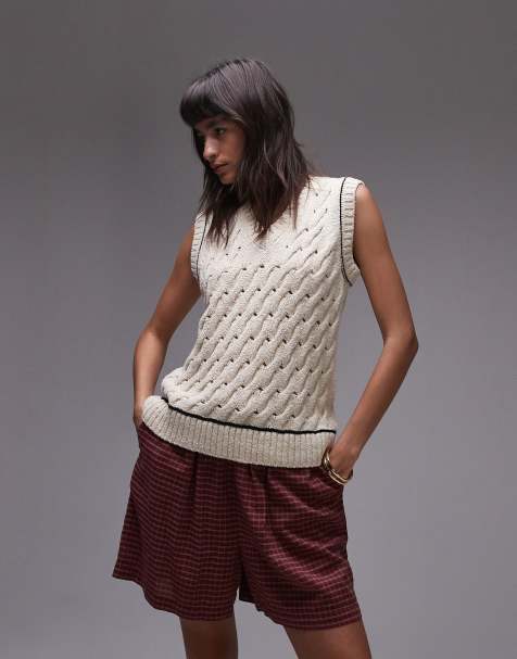 Topshop knitted open stitch v neck tank in ivory - view 1