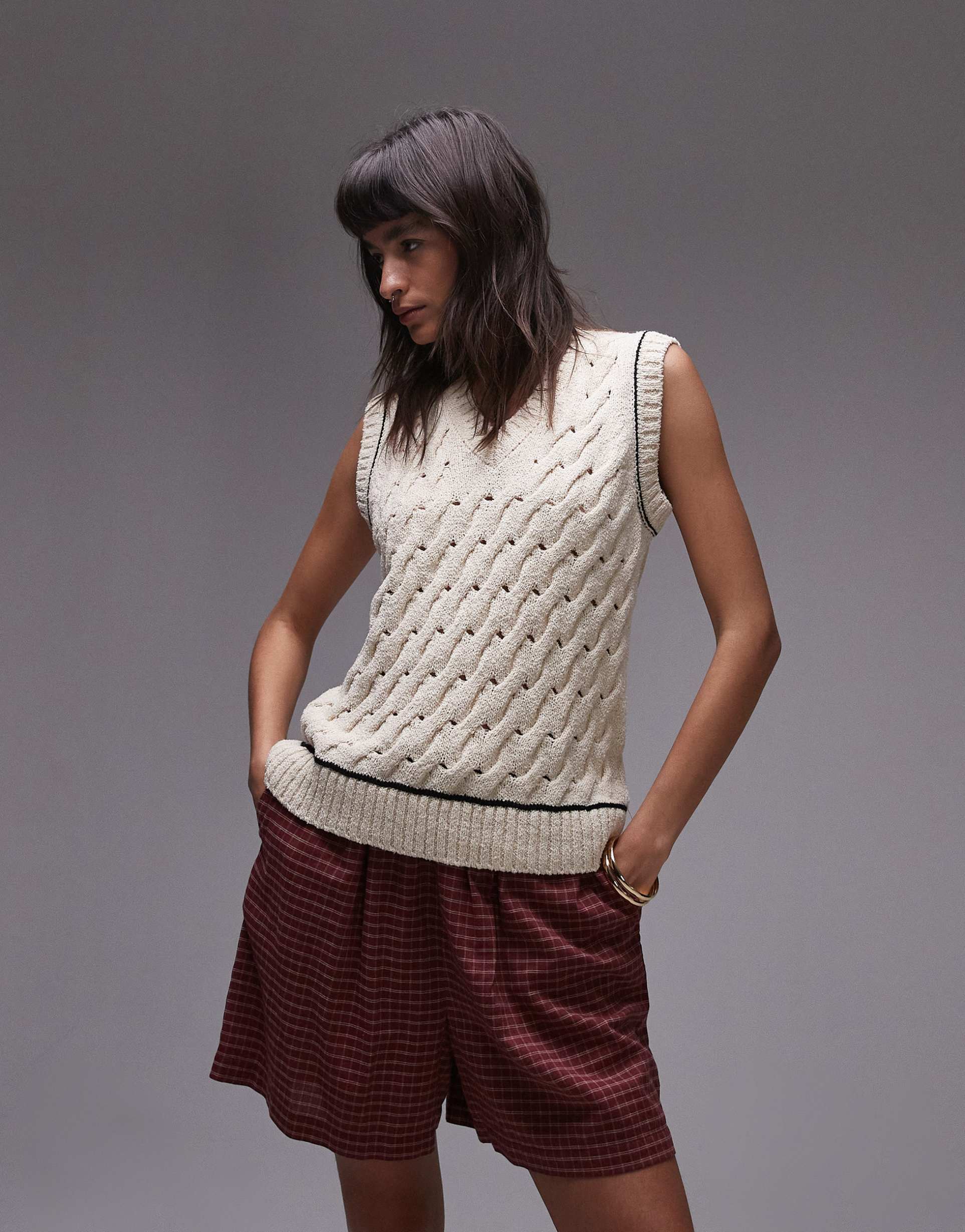 topshop knitted open stitch v neck tank in ivory