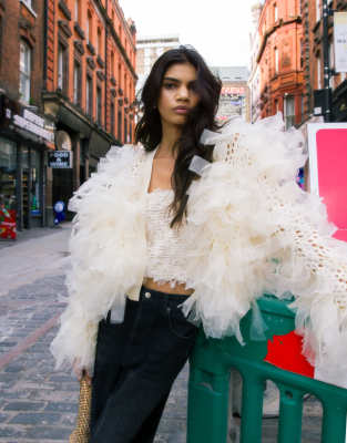 knitted organza extreme texture cardi in ivory-White