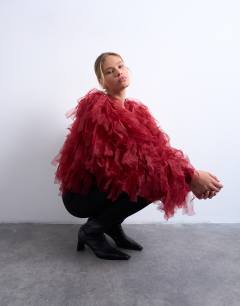 Knitted organza extreme texture cardigan in burgundy