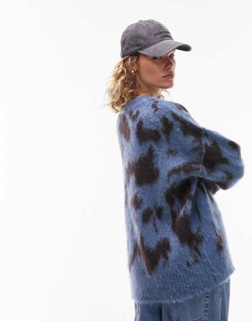 Topshop knitted oversized animal jumper in blue and choc ASOS