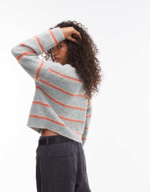 Topshop knitted oversized boxy stripe cardigan in blue and orange
