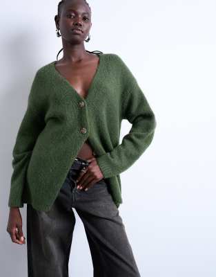 Topshop Women's Khaki Knitted Oversized Boyfriend Longline Easy Cardigan In -Green