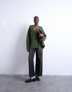 Model wearing Knitted oversized boyfriend longline easy cardigan in khaki