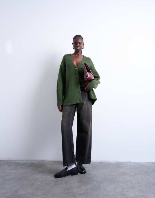 Topshop knitted oversized boyfriend longline easy cardigan in khaki, 2 of 4