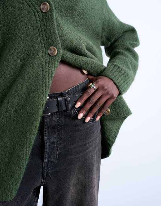 Topshop knitted oversized boyfriend longline easy cardigan in khaki, 3 of 4