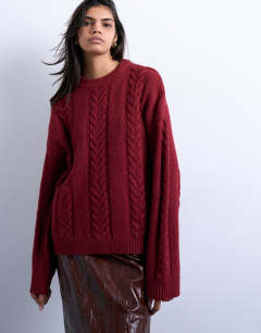 Knitted oversized cable and wide rib jumper in deep red 
