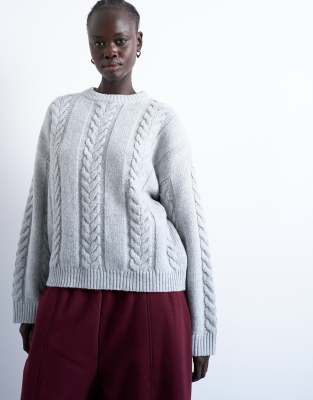 Knitted oversized cable and wide rib jumper in grey