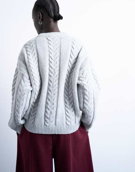 Topshop knitted oversized cable and wide rib jumper in grey, 4 of 4