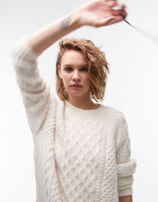 Topshop knitted oversized cable jumper in cream