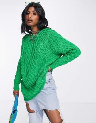 Topshop knitted oversized cable jumper in green