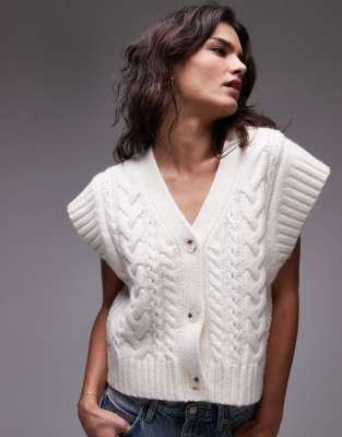 Topshop Topshop knitted oversized cable waistcoat in ivory-White