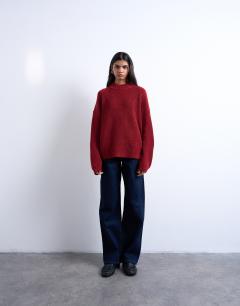 Model wearing Knitted oversized clean wide neck rib jumper in rust