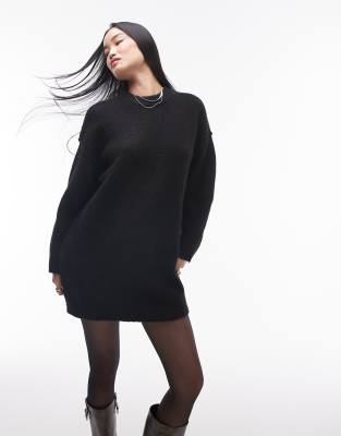 knitted oversized crew mini dress with exposed seam detail in black