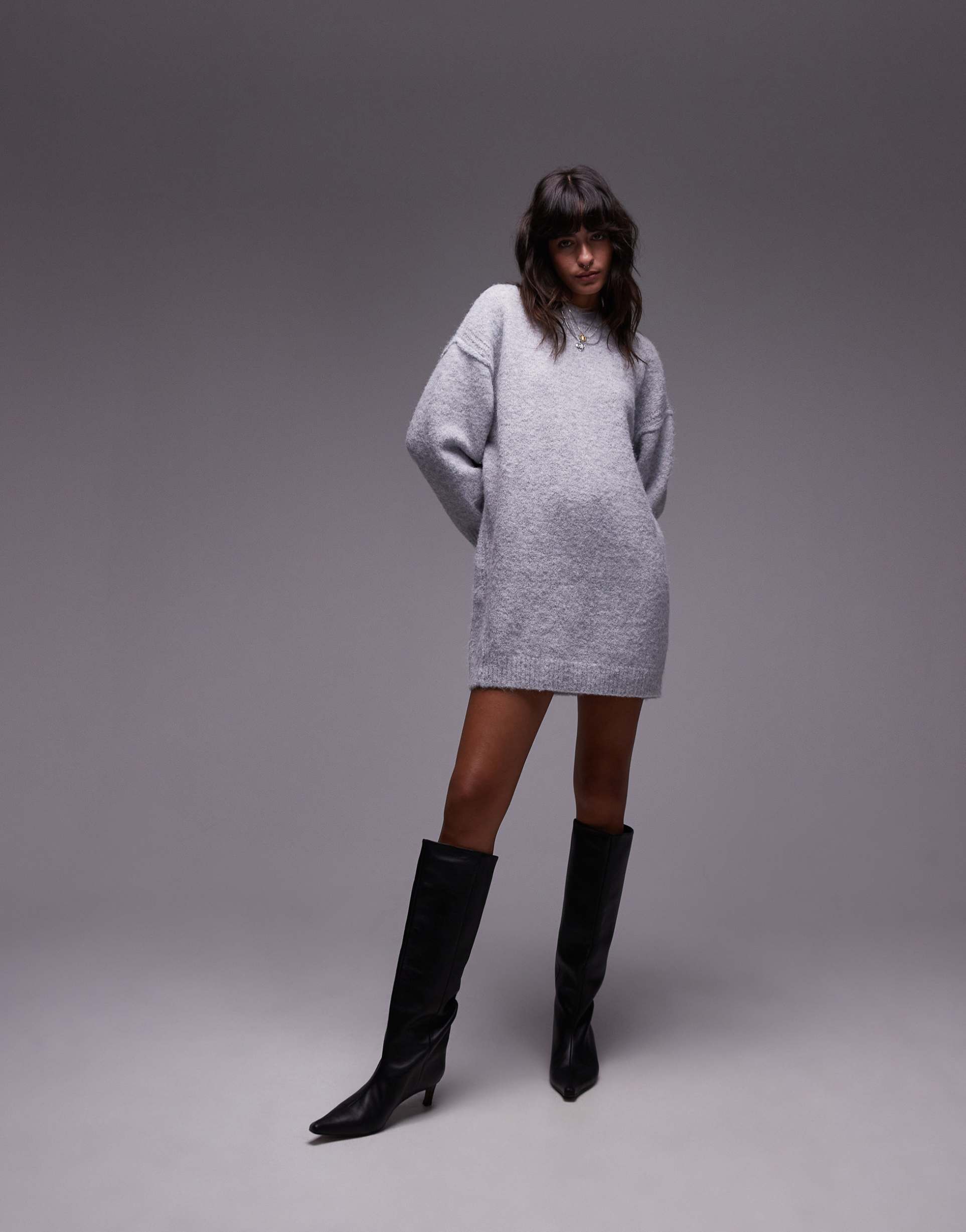 topshop knitted oversized crew mini dress with exposed seam detail in gray