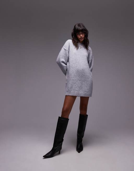 Topshop knitted oversized crew mini dress with exposed seam detail in gray