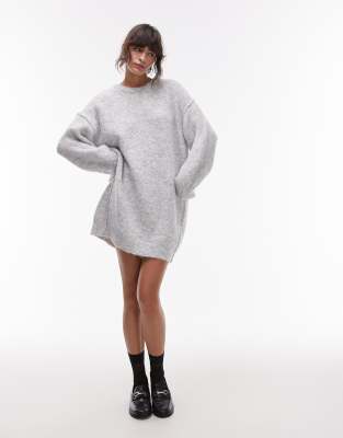 knitted oversized crew mini dress with exposed seam detail in ice gray