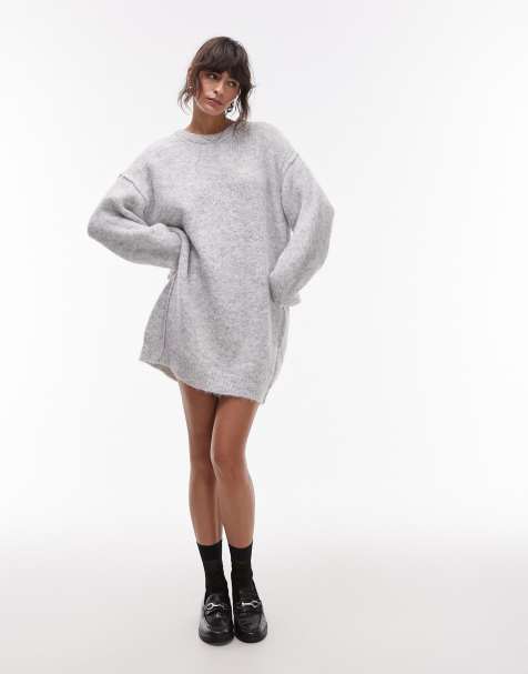 Topshop knitted oversized crew mini dress with exposed seam detail in ice grey