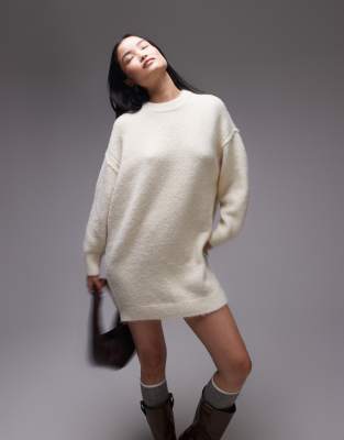 knitted oversized crew mini dress with exposed seam detail in ivory-White