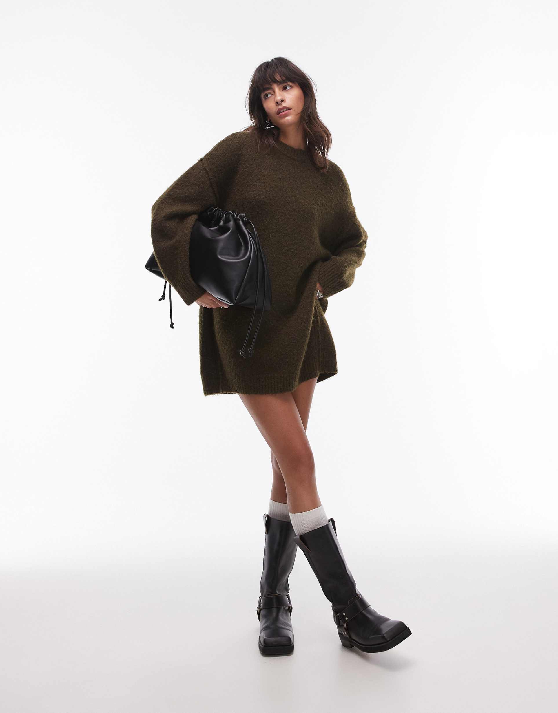 topshop knitted oversized crew mini dress with exposed seam detail in khaki