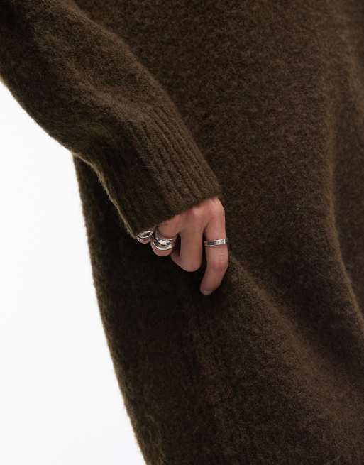 Topshop knitted oversized crew mini dress with exposed seam detail in khaki