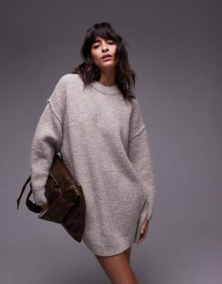 Topshop knitted oversized crew mini dress with exposed seam detail in oat-Grey