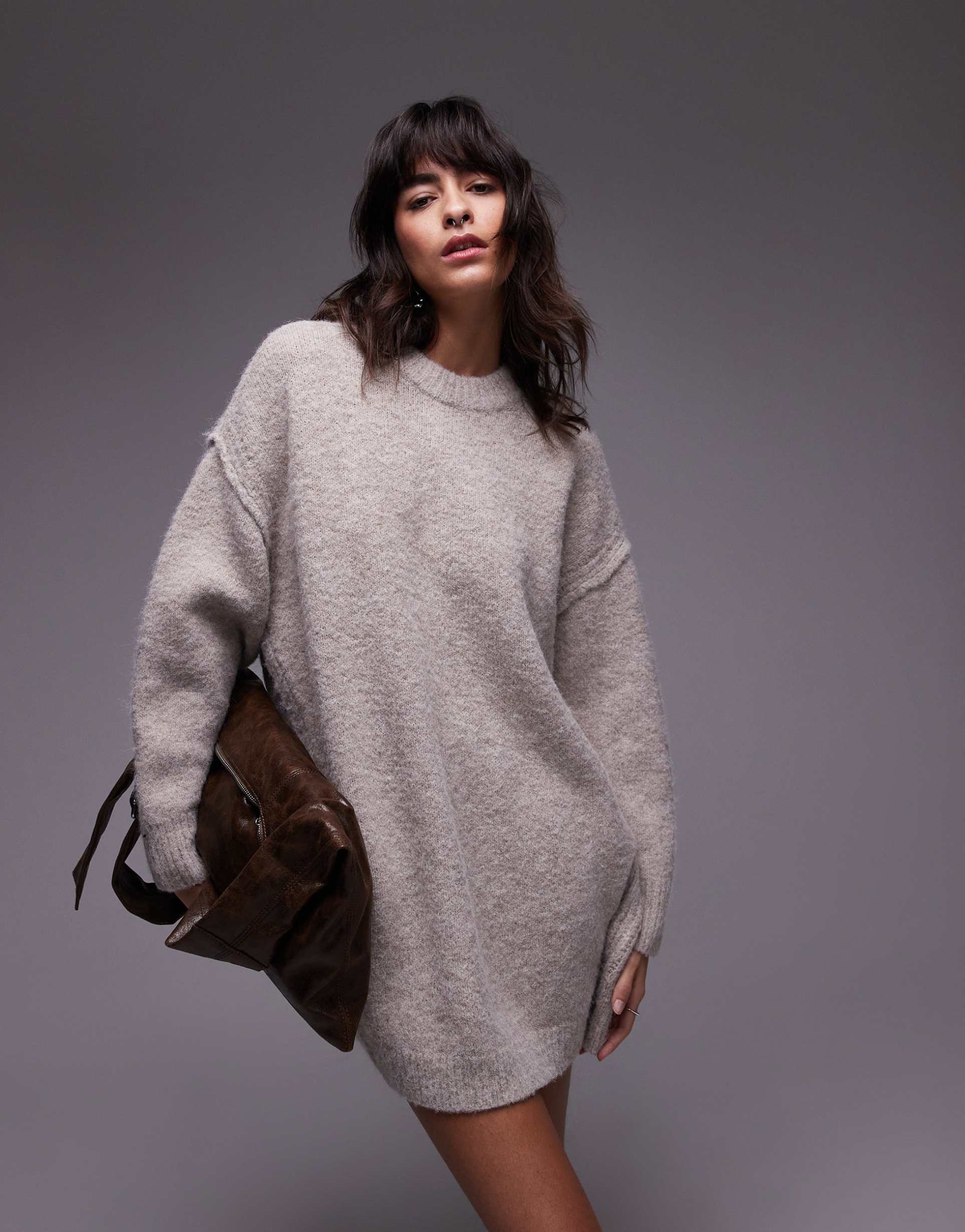 topshop knitted oversized crew mini dress with exposed seam detail in oat
