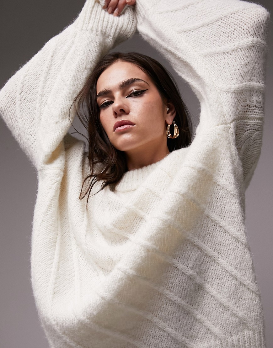 Topshop knitted oversized diagonal seam jumper in cream-White