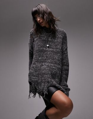 Topshop knitted oversized distressed jumper in charcoal