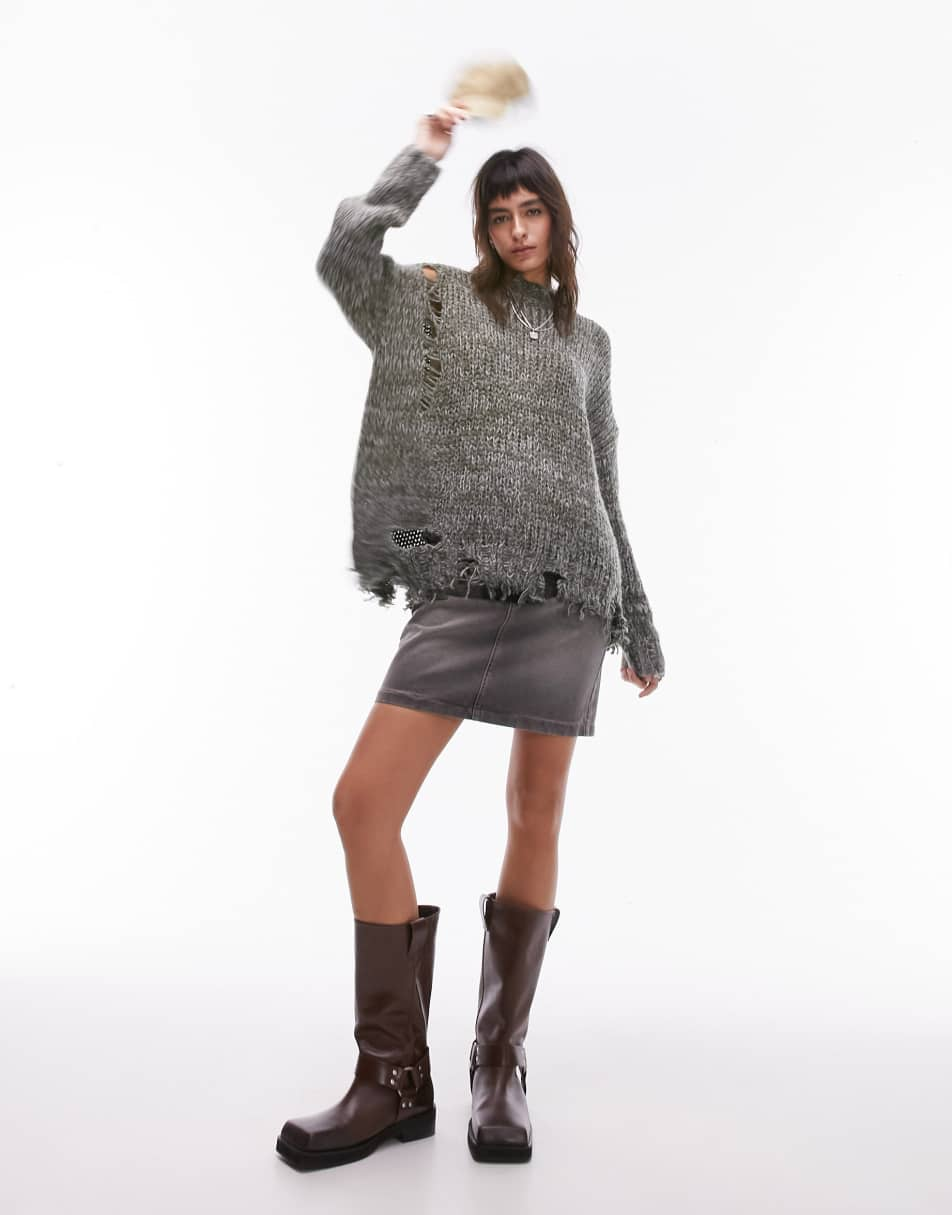 Topshop knitted oversized distressed jumper in khaki atlaspt