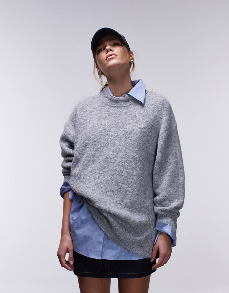 Topshop knitted oversized exposed seam fluffy crew neck jumper in grey
