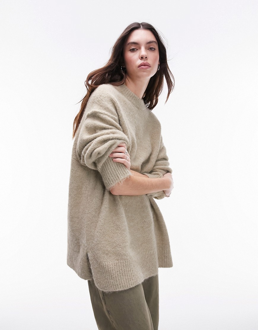 Topshop knitted oversized exposed seam fluffy crew neck jumper in stone-Neutral