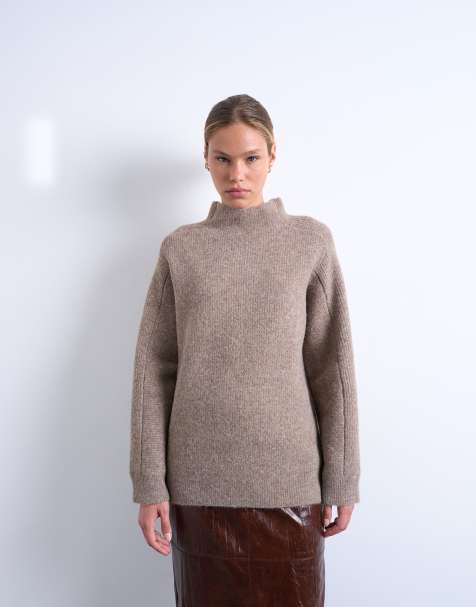 Topshop knitted oversized high neck jumper in espresso - view 1