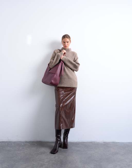 Topshop knitted oversized high neck jumper in espresso, 3 of 4