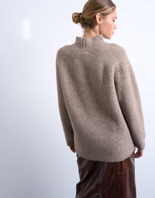 Topshop knitted oversized high neck jumper in espresso, 4 of 4