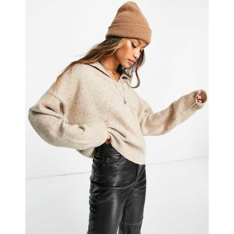 Topshop knitted oversized jumper with relaxed collar in beige ASOS