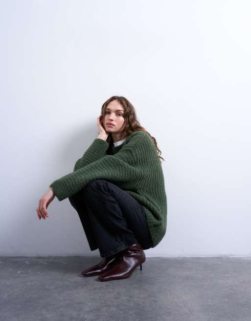 Topshop knitted oversized ribbed balloon sleeve jumper in green, 3 of 4