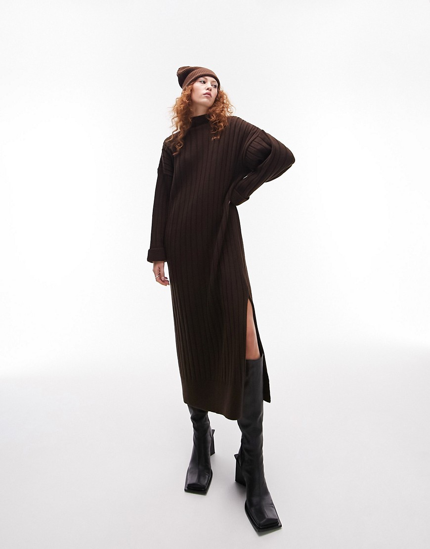 Topshop knitted oversized ribbed funnel midi dress in brown