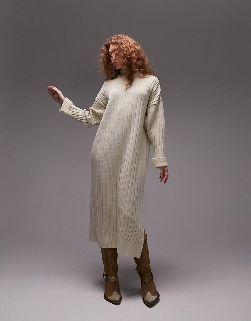 Topshop knitted oversized ribbed funnel midi dress in stone-Neutral