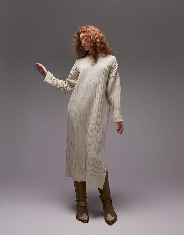 Topshop knitted oversized ribbed funnel midi dress in stone