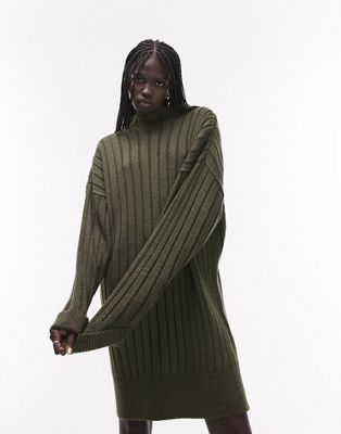 Topshop knitted oversized ribbed funnel mini dress in khaki