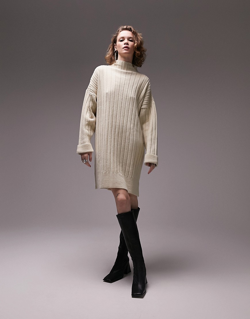 Topshop Knitted Oversized Ribbed Funnel Mini Dress In Stone-neutral