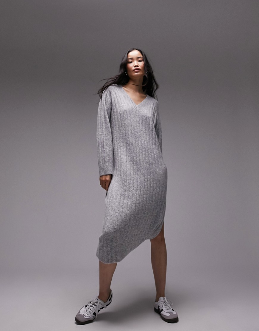 Topshop knitted oversized ribbed v-neck midi jumper dress in grey