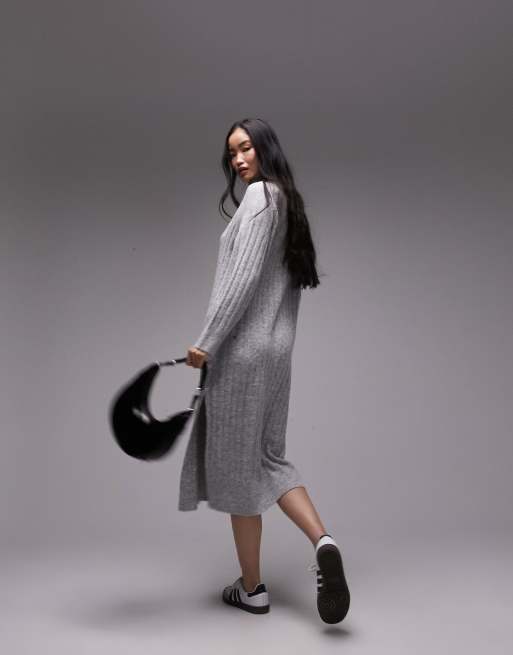 Grey Ribbed Knitted Oversized Jumper Dress