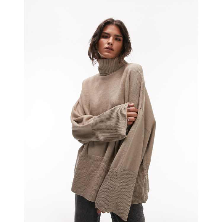 Topshop knitted oversized roll neck jumper in mink ASOS