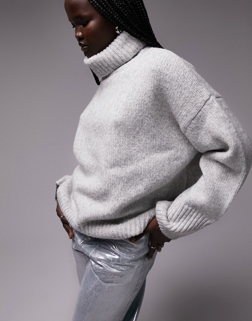 knitted oversized roll neck sweater in gray