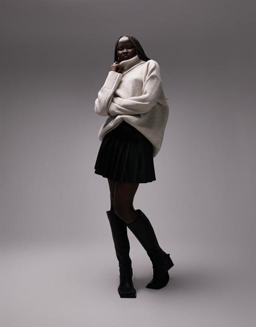 Topshop knitted oversized roll neck sweater in stone
