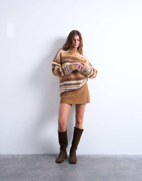 Topshop knitted oversized stripe jumper in neutral - view 1